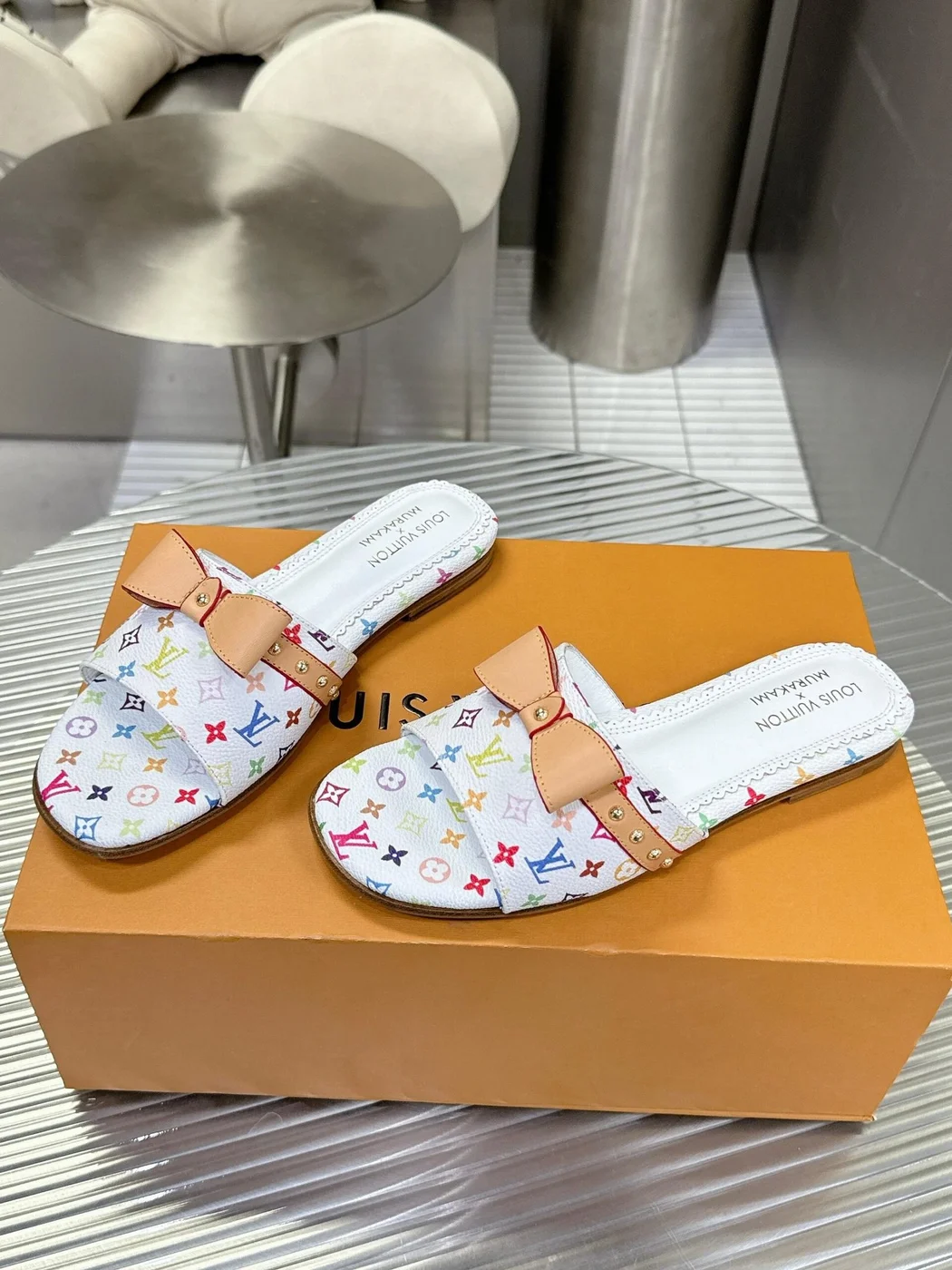 Louis Vuitton Women White Leather Multicolor Monogram Mules product view 5
