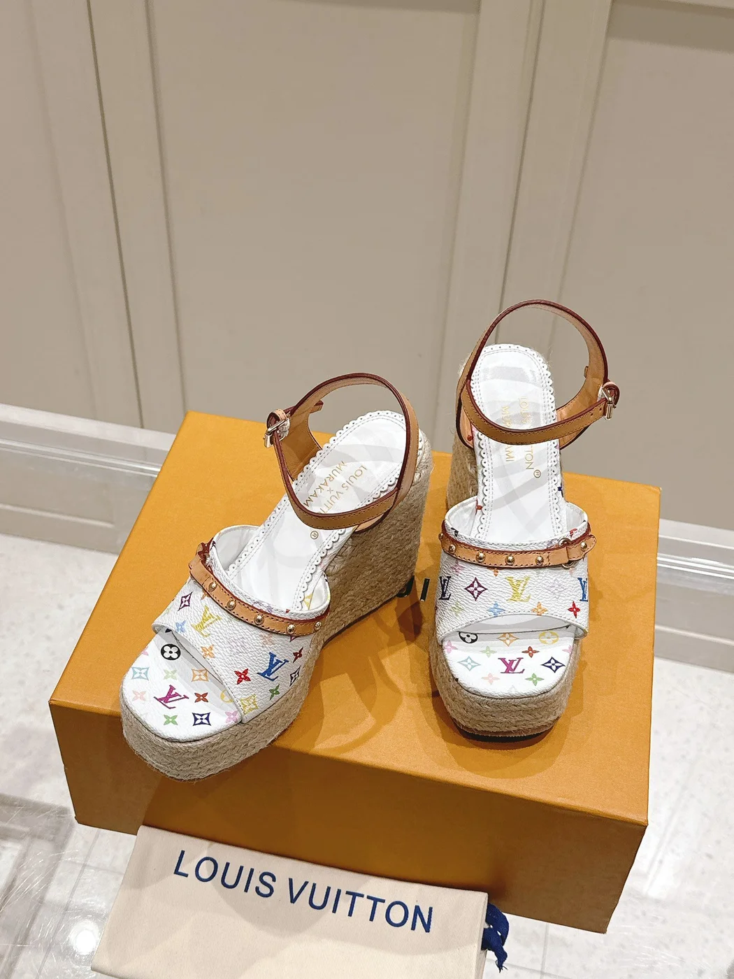 Louis Vuitton Women White Leather Multicolor Print Wedge Sandals product view 5