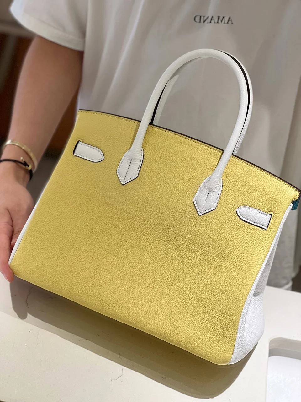 Hermès Lime, Bleu de Galice and Gris Perle Chèvre Tri-Color Hss Birkin 25 Brushed Gold Hardware Bag product view 3