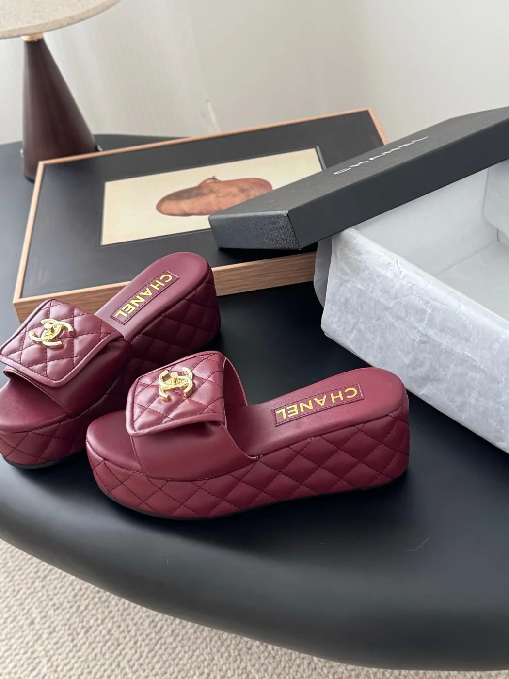 Chanel Women Burgundy Quilted Leather Slides product view 2