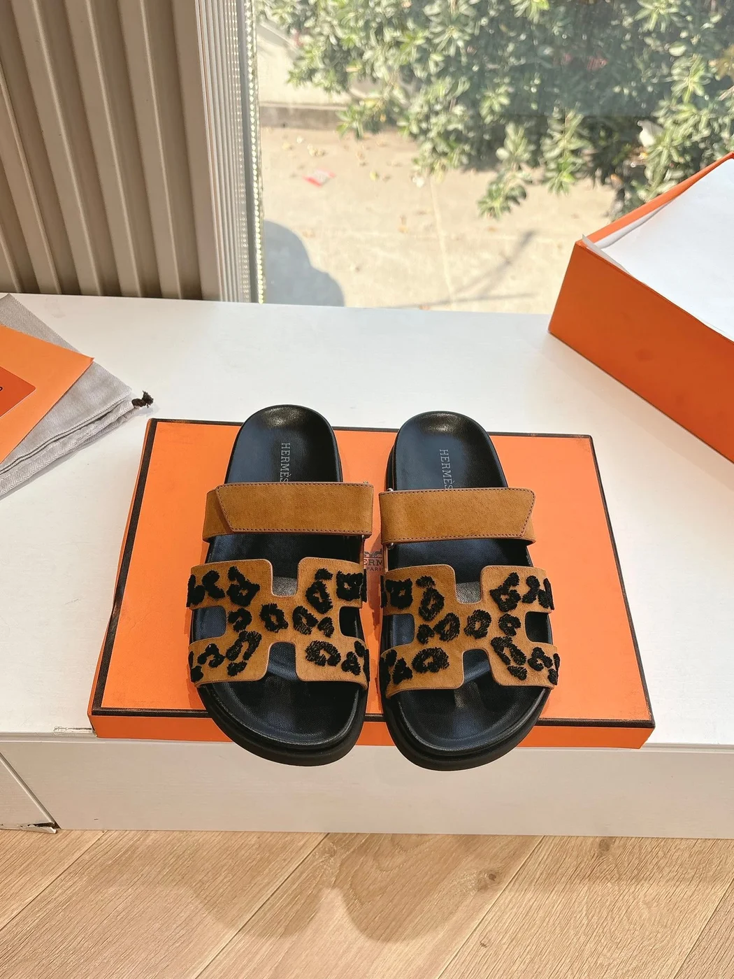 Hermès Women Tan Suede Leopard Print Slippers product view 1