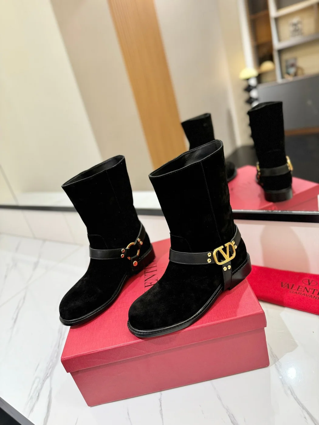 Valentino Women Black Suede Leather Strap Boots product view 3
