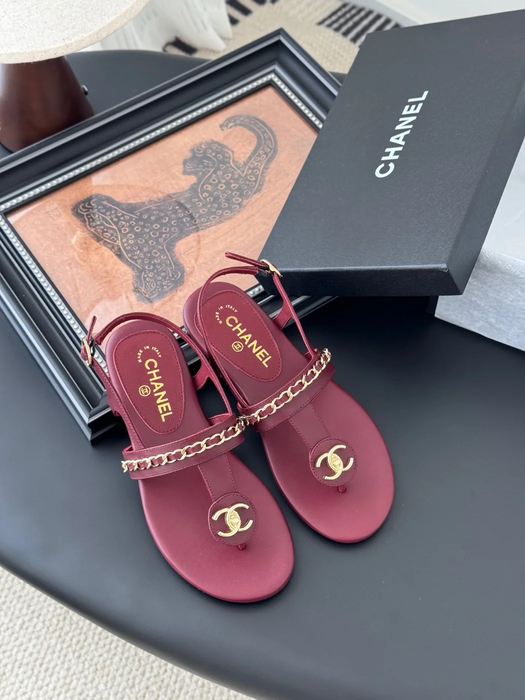 Chanel Women Burgundy Leather Sandals product view 6
