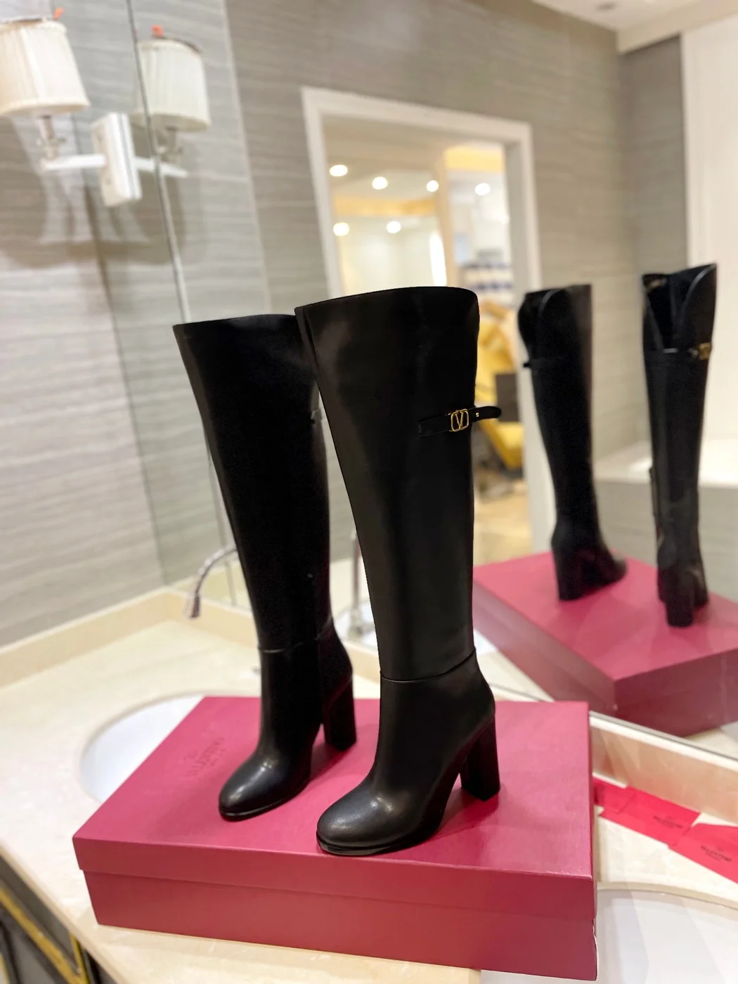 Valentino Women Black Leather High Heel Boots product view 3