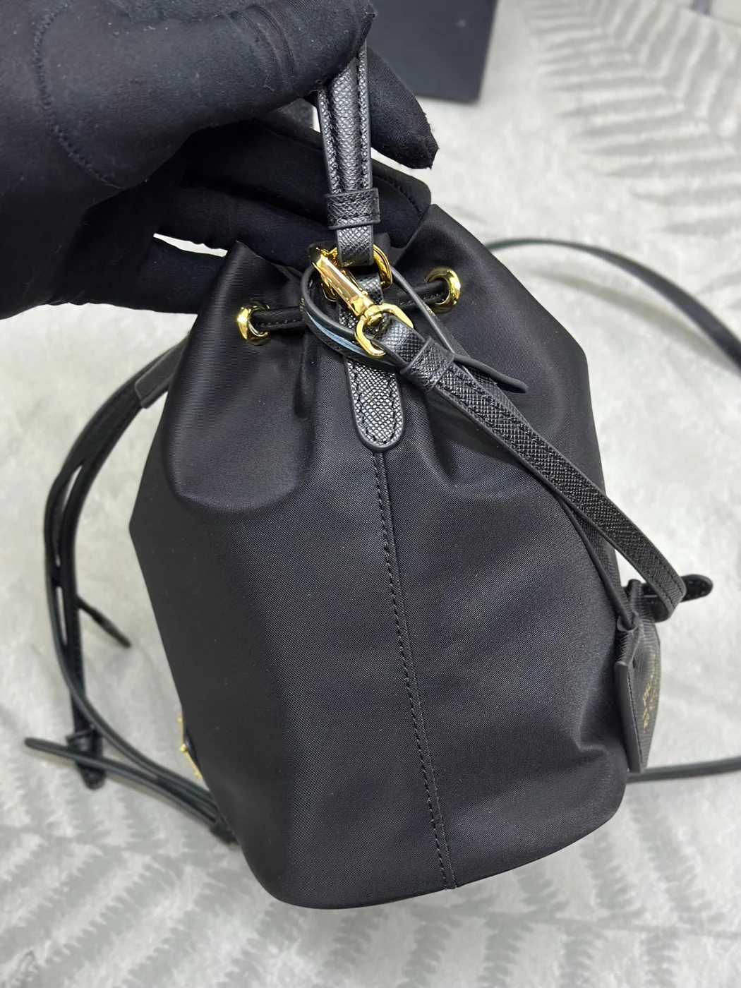 Prada Bucket Bag 19 In Black Re-Nylon And Calfskin Handle product view 7