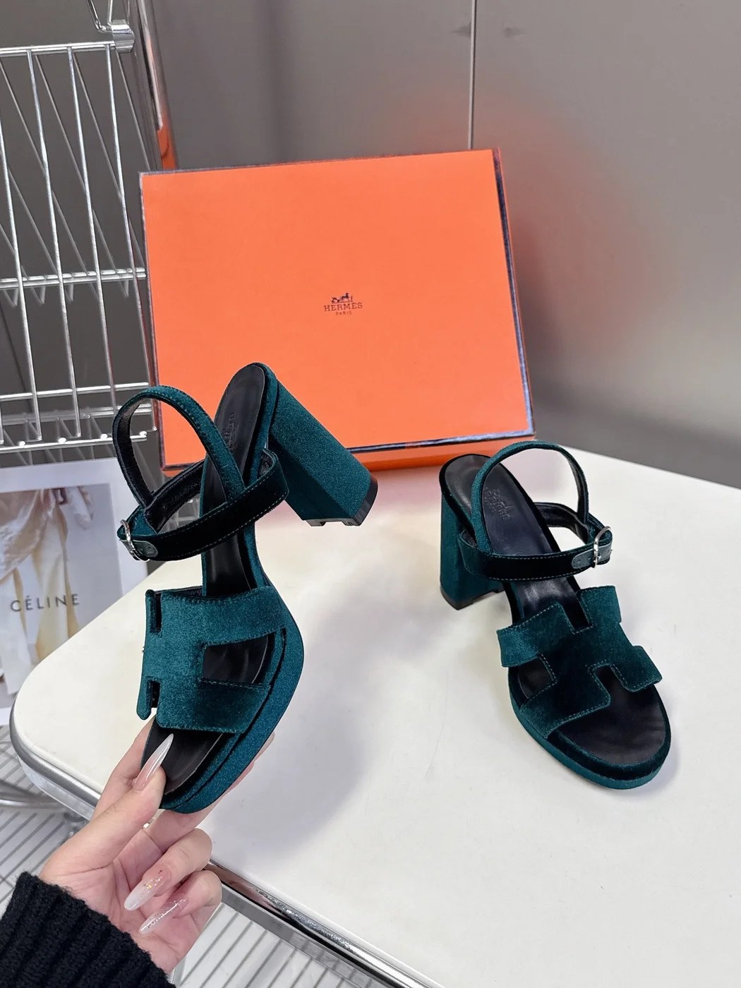 Hermès Women Dark Green Suede Sandals product view 5