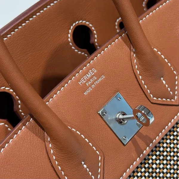 Hermès Birkin 25 cm In Gold Swift And Black/White/Brown Toile Canvas Bag product view 6