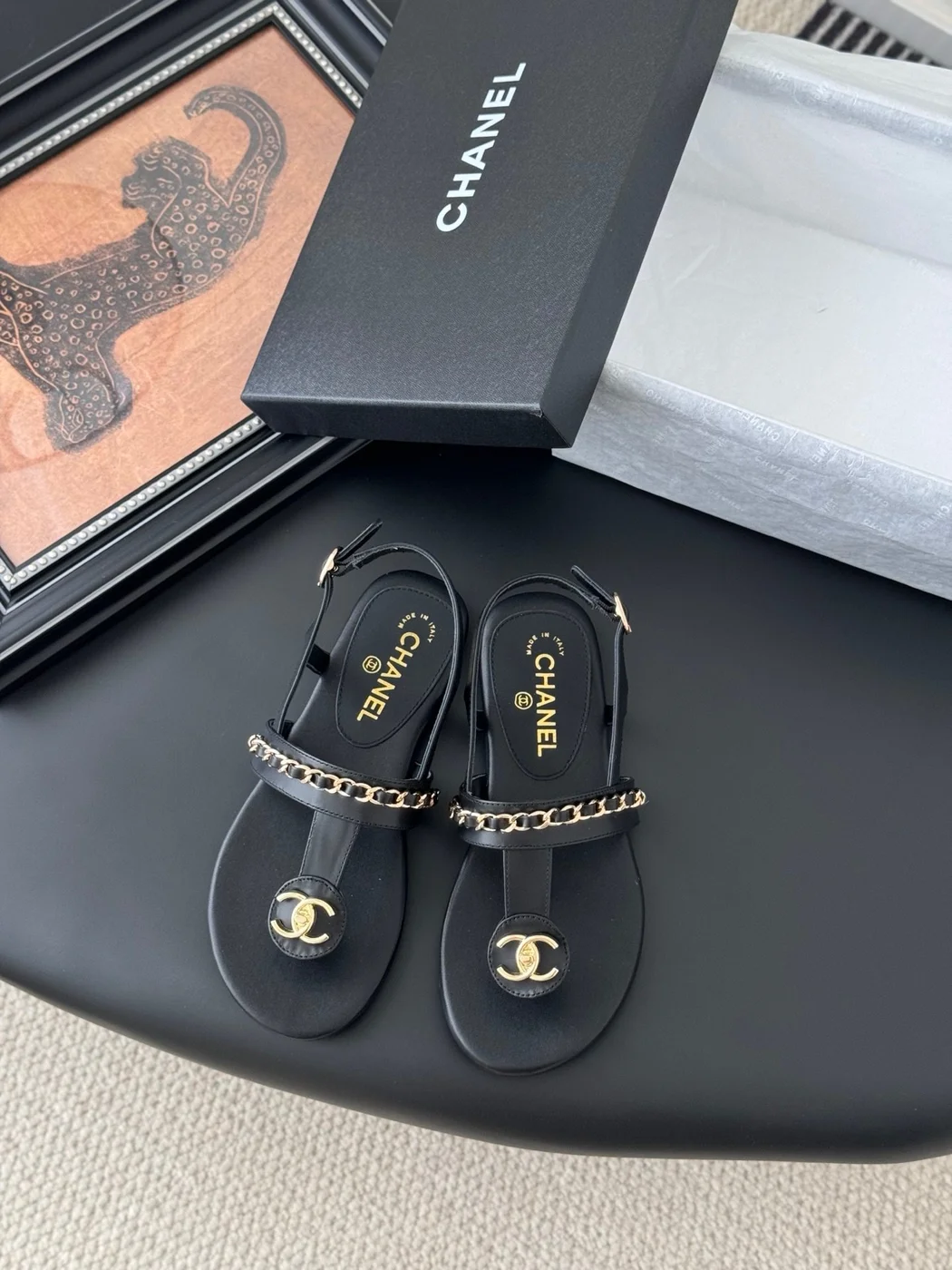 Chanel Women Black Leather Chain Detail Sandals product view 1