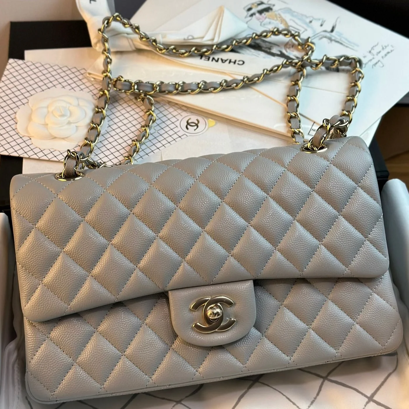 Chanel Flap Bag 25 cm Gold Hardware Grey Caviar product view 1
