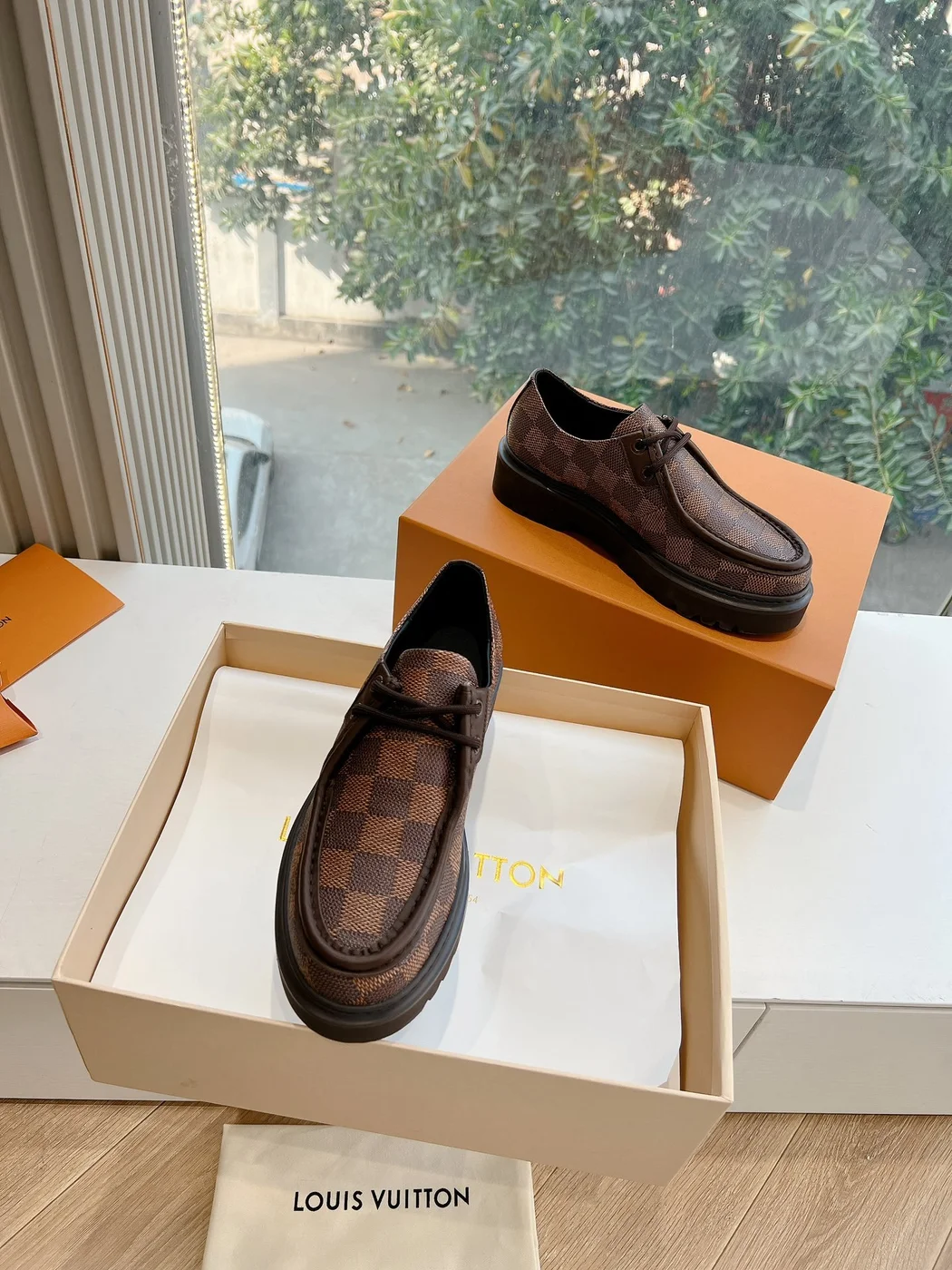 Louis Vuitton Women Brown Checkered Leather Loafers product view 3