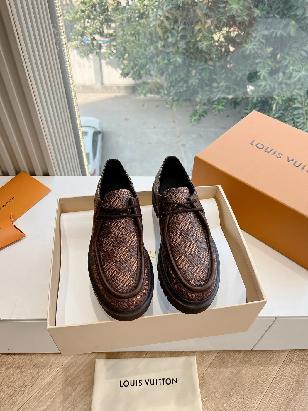 Louis Vuitton Women Brown Checkered Leather Loafers product view 1