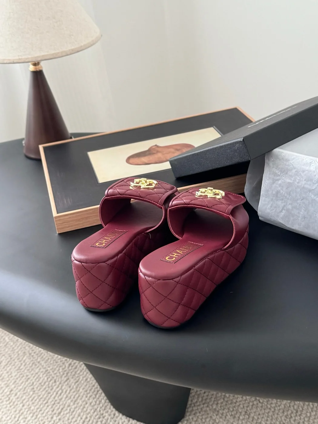 Chanel Women Burgundy Quilted Leather Slides product view 3