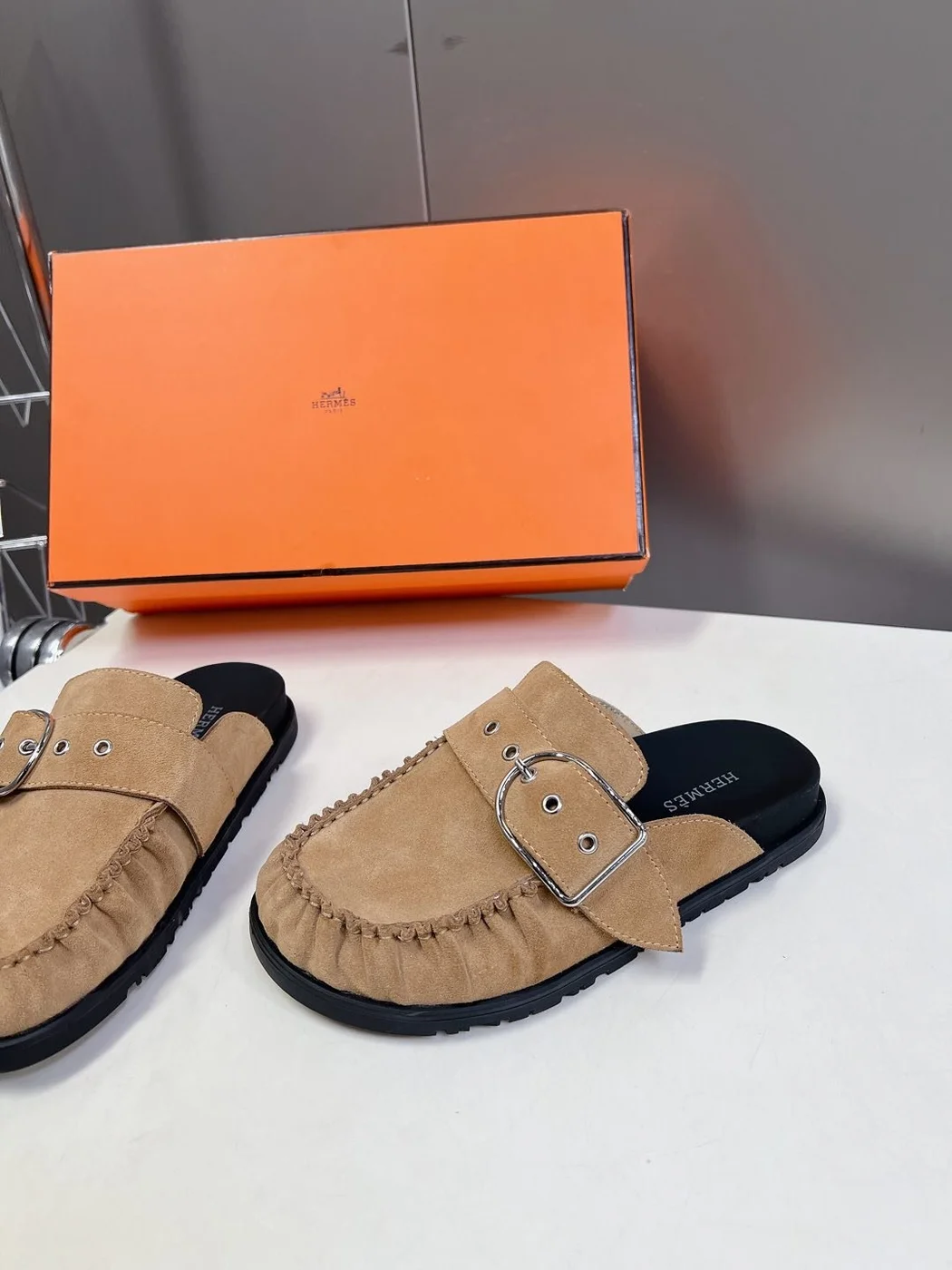 Hermès Women Beige Suede Buckle Mules product view 4