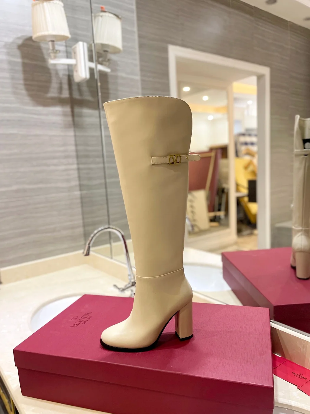 Valentino Women Beige Leather Knee High Boots product view 6