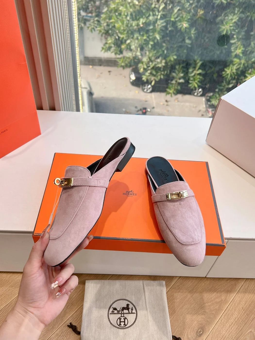 Hermès Women Pink Suede Mules product view 6