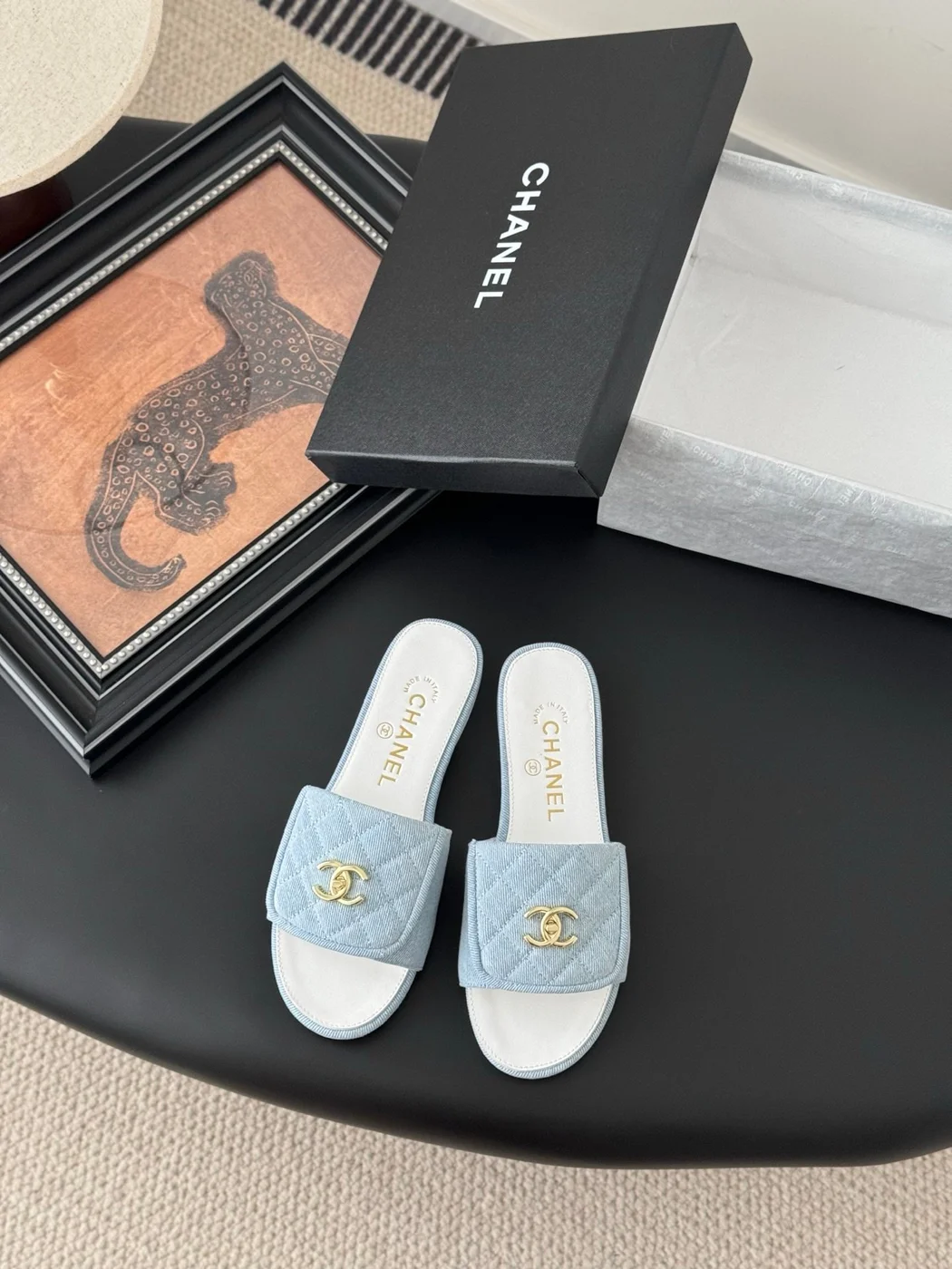 Chanel Women Light Blue Quilted Fabric Slides product view 1