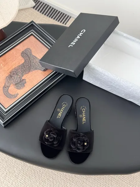 Chanel Women Black Velvet Flower Embellished Mules product view 1
