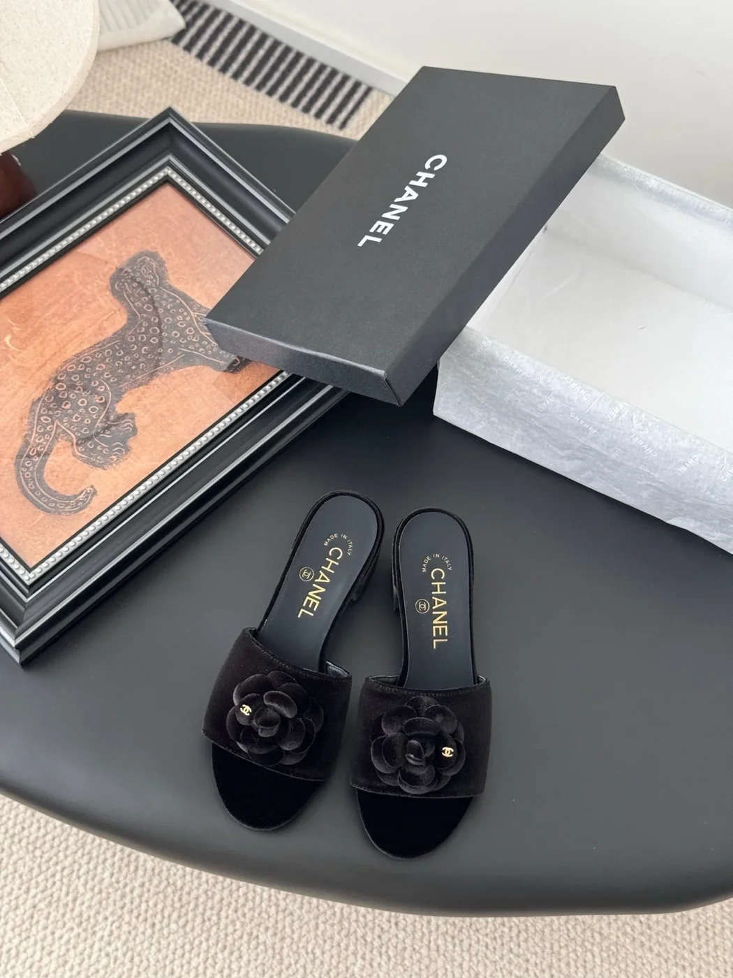 Chanel Women Black Velvet Flower Embellished Mules product view 1