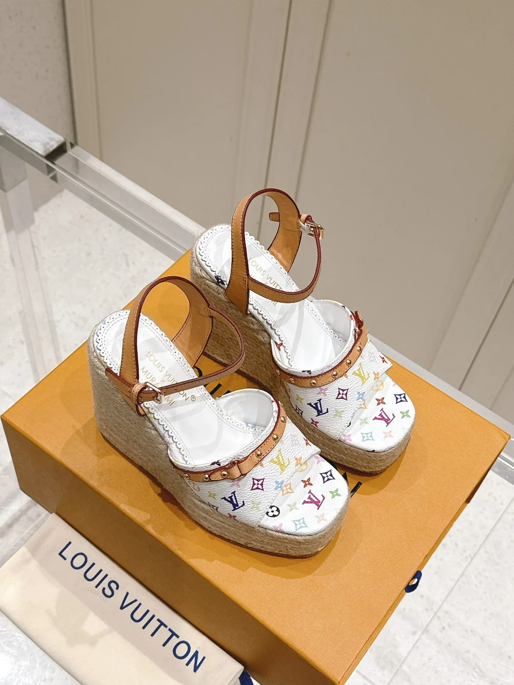 Louis Vuitton Women White Leather Multicolor Print Wedge Sandals product view 3