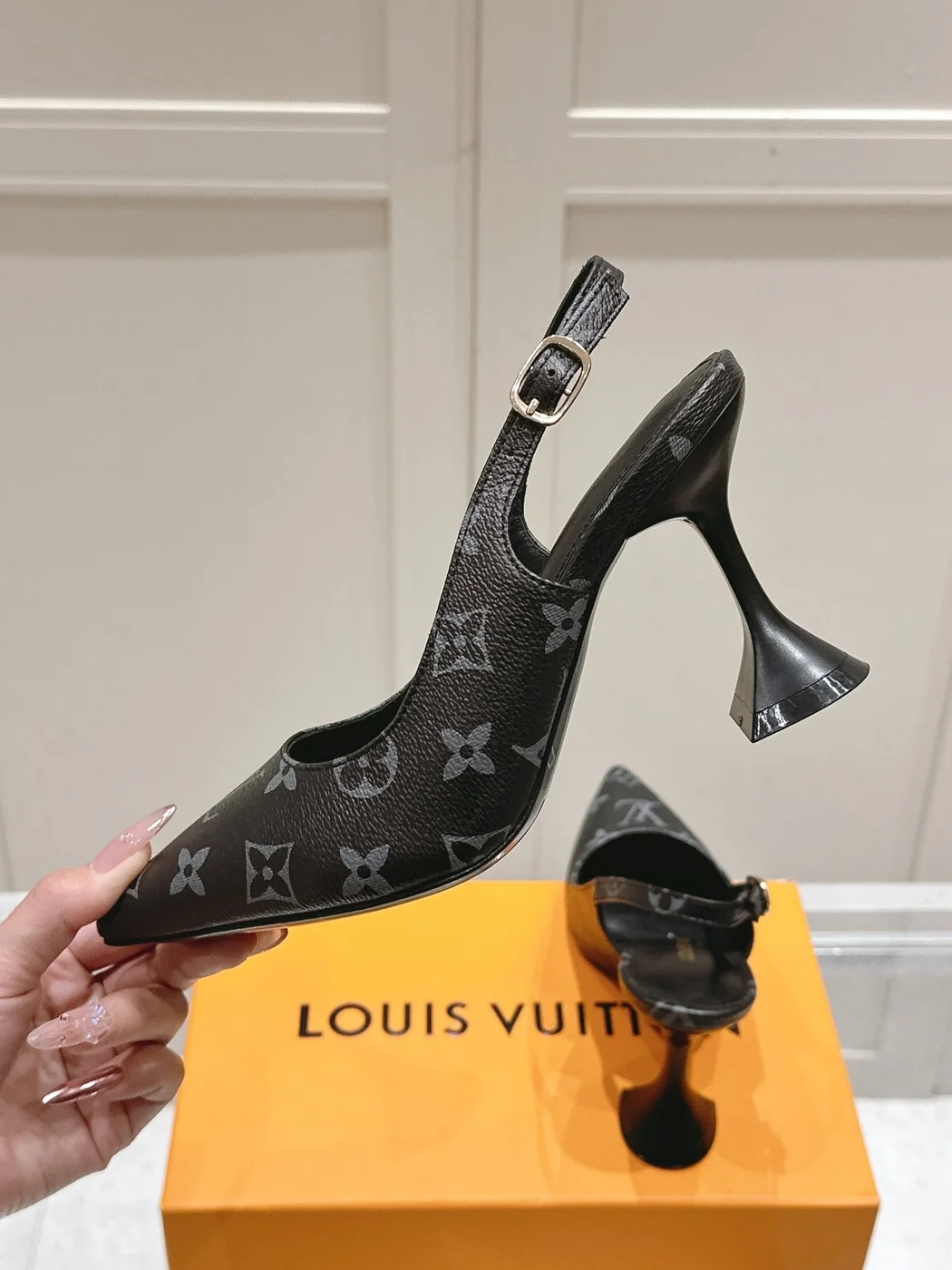 Louis Vuitton Women Black Patterned Leather Heels product view 5