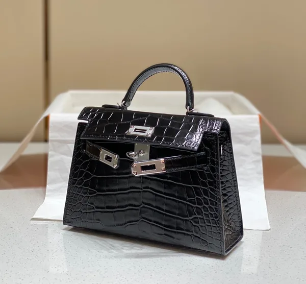 Hermès Mini Kelly In Black Crocodile Skin Silver Hardware Bag product view 2