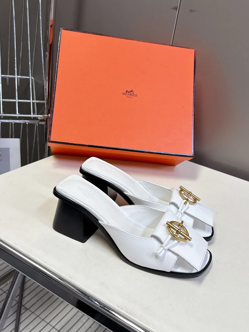 Hermès Women White Leather Heels product view 3