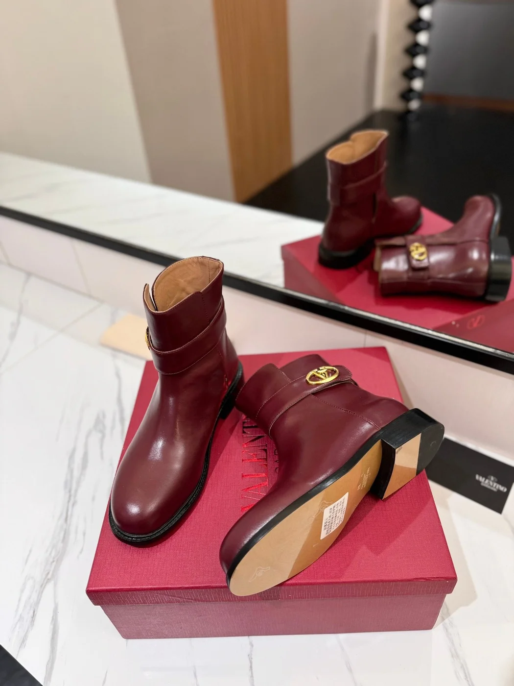 Valentino Women Burgundy Leather Ankle Boots product view 2