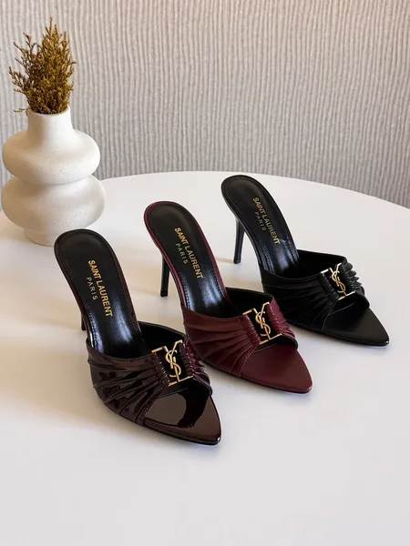 Saint Laurent Opyum Style Pleated Mule Heels – Burgundy  Black Patent Finish product view 1