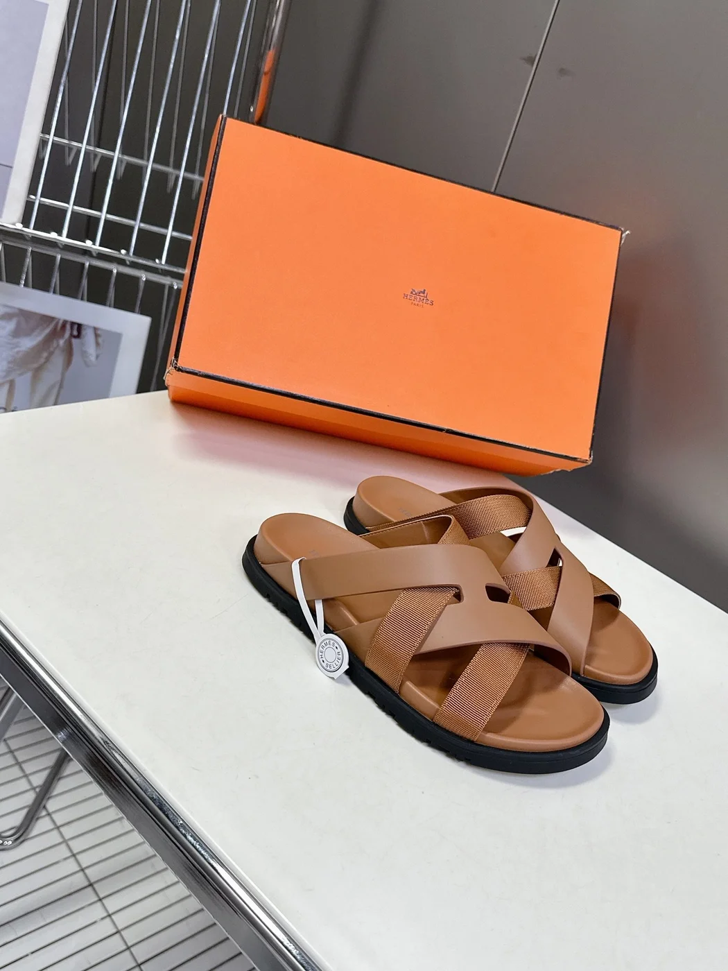 Hermès Women Tan Leather And Fabric Sandals product view 3