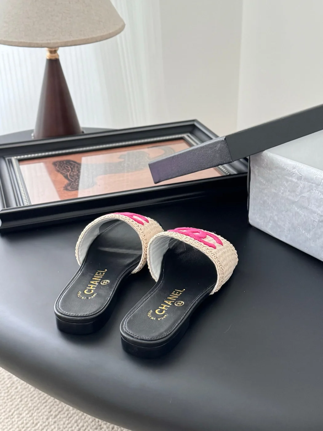 Chanel Women Black Leather And Beige Fabric Slides product view 2