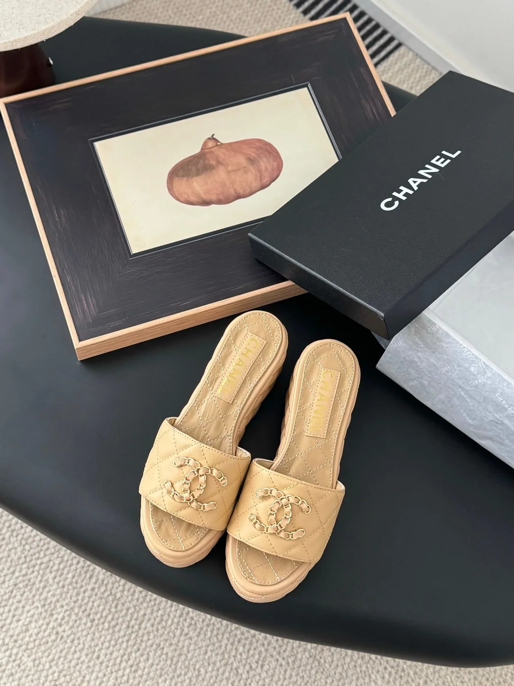 Chanel Women Beige Quilted Leather Slides product view 1