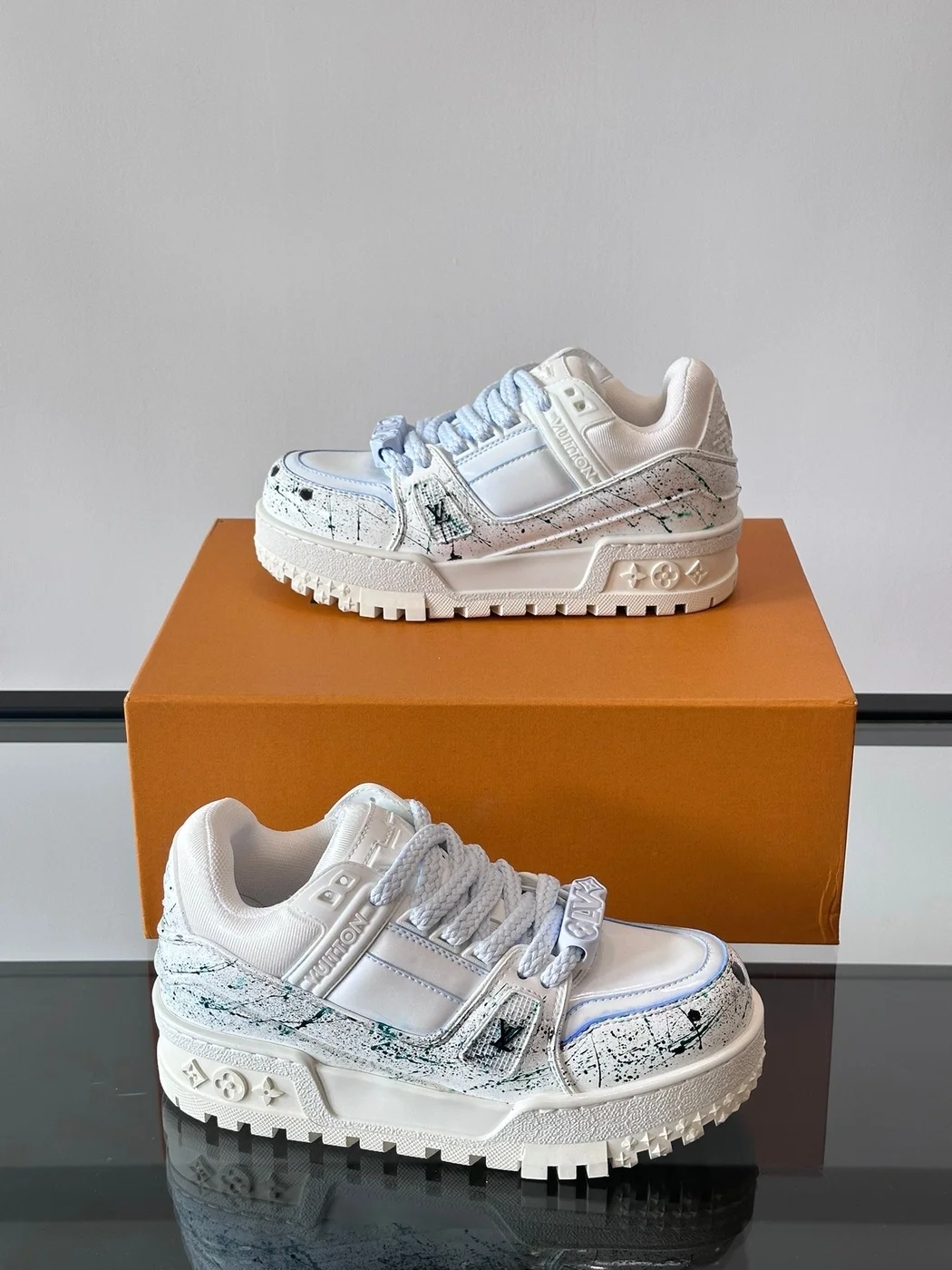Louis Vuitton Men White Leather Painted Sneakers product view 4