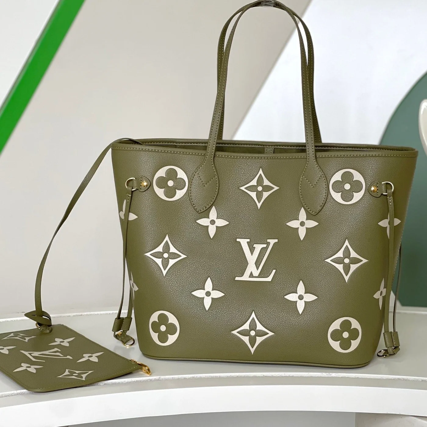 Louis Vuitton Neverfull MM Khaki Cream Monogram Empreinte Leather Bag product view 1