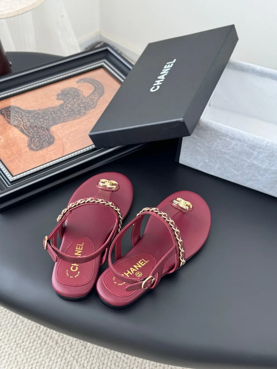 Chanel Women Burgundy Leather Sandals product view 5