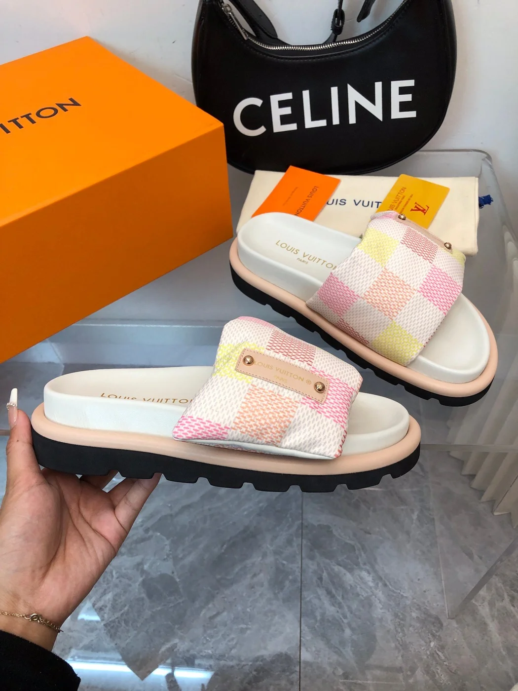 Louis Vuitton Women Pastel Checkered Fabric White Slide Sandals product view 4