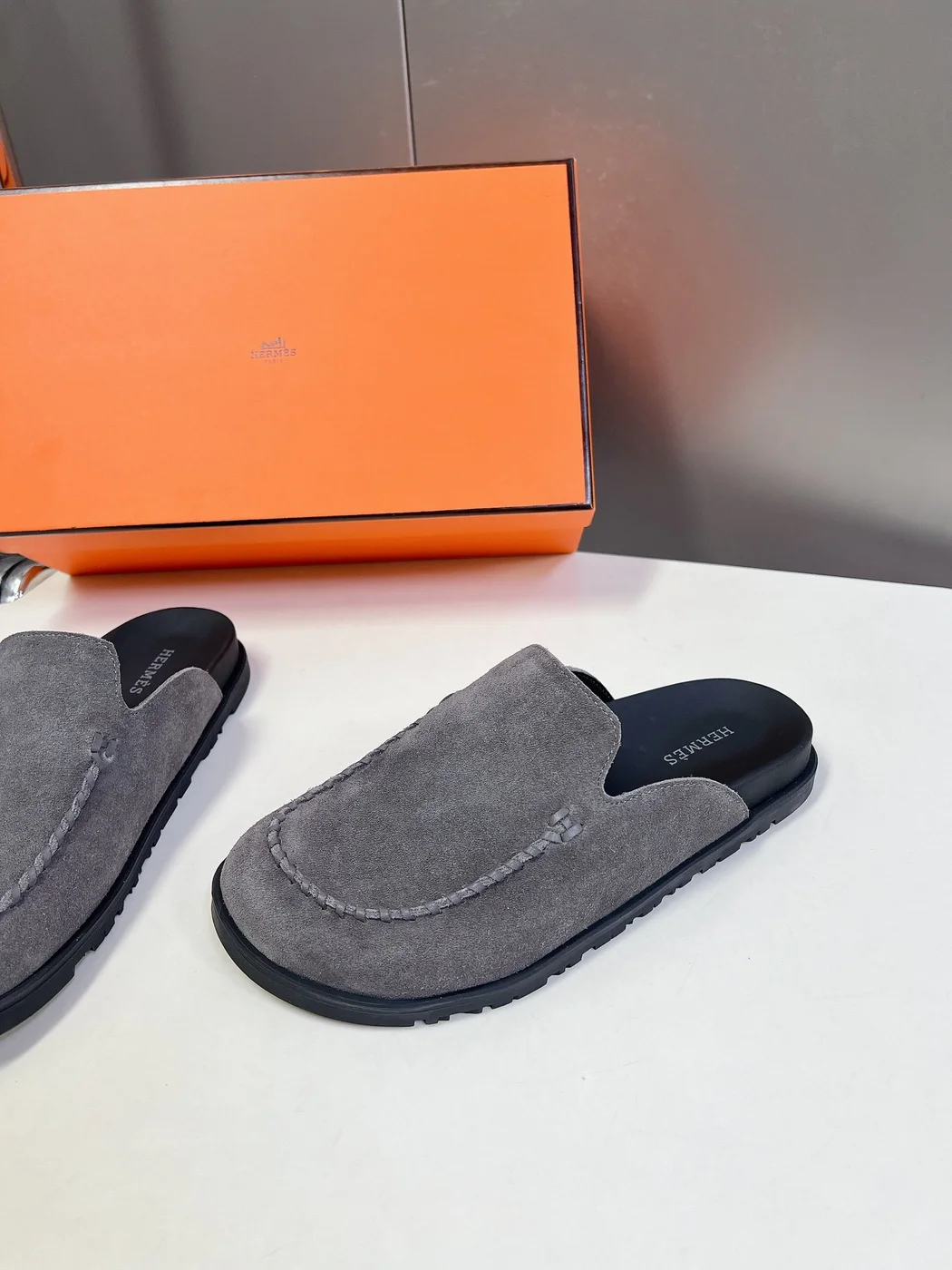Hermès Women Gray Suede Slip-On Loafers product view 4