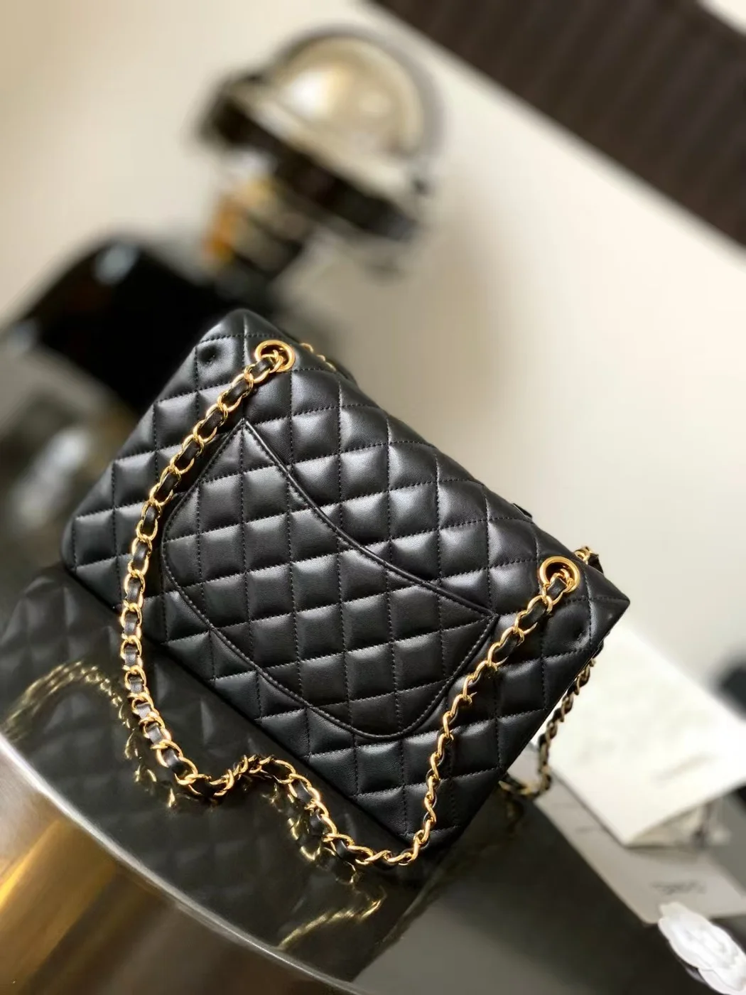 Chanel Charm Handbag Sheepskin Black Lock Gold 25x16x7cm product view 3