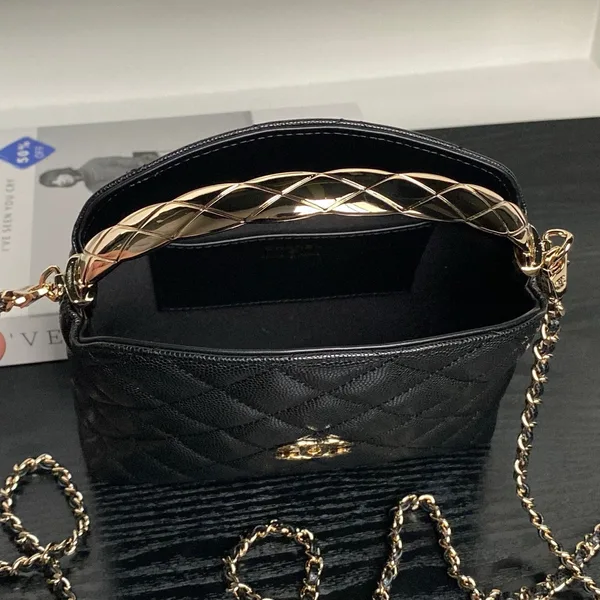 Chanel 24A Hobo Handbag in black quilted caviar leather product view 9