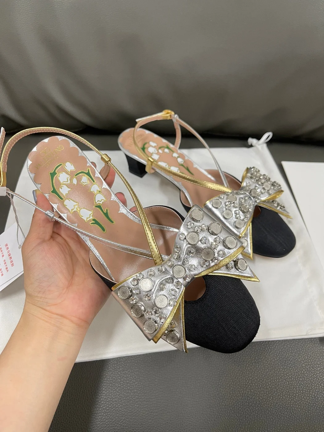 Valentino Women Black Silver Leather Bow Slingback Flats product view 4