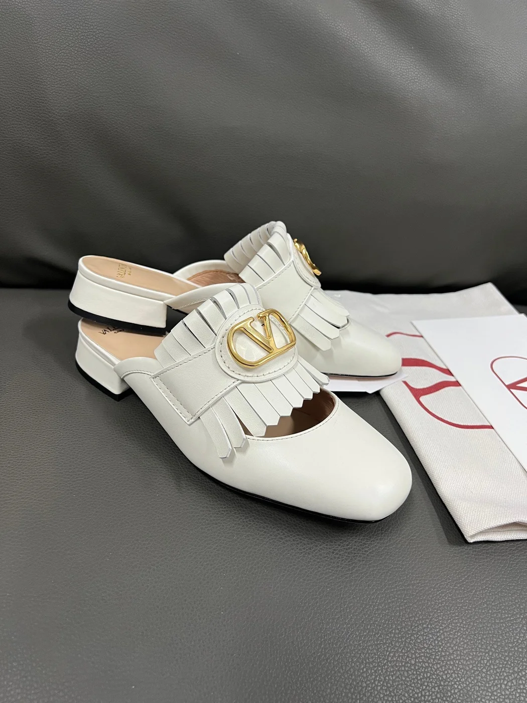 Valentino Women White Leather Fringe Mules product view 4