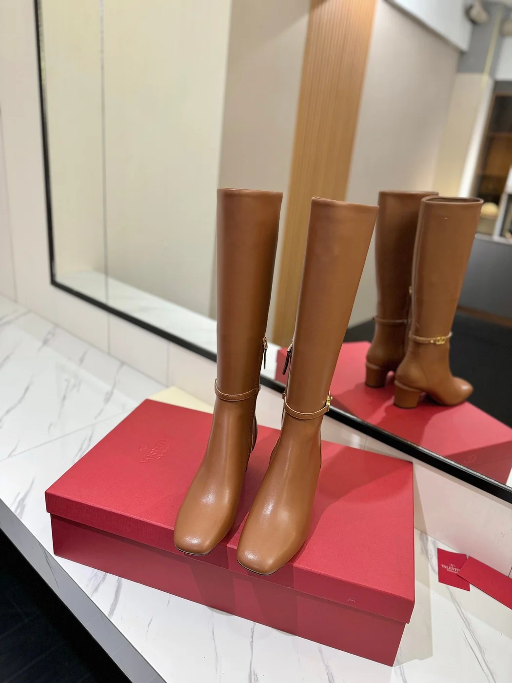 Valentino Women Tan Leather Mid-Calf Boots product view 4