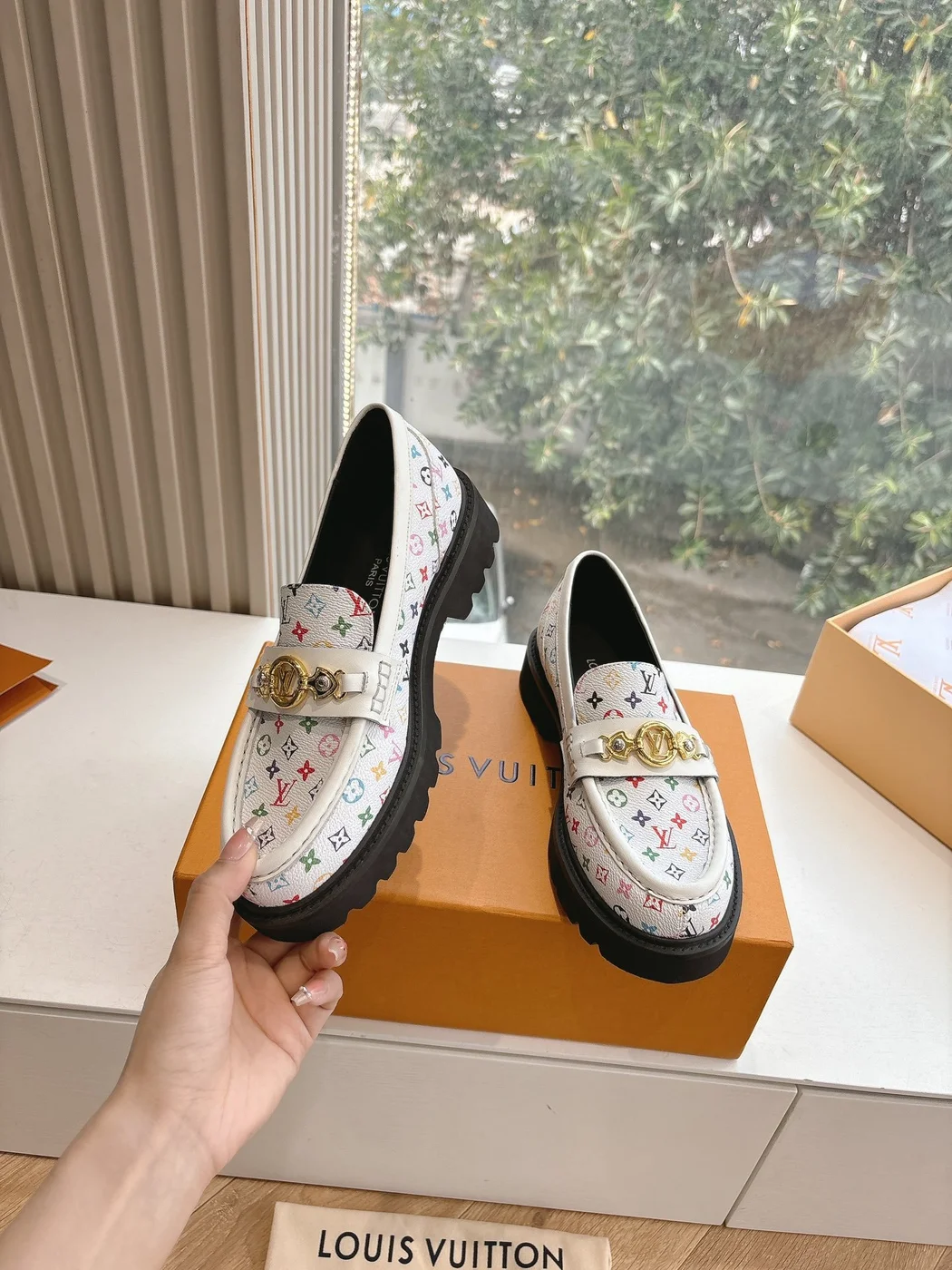 Louis Vuitton Women White Patterned Leather Loafers product view 2