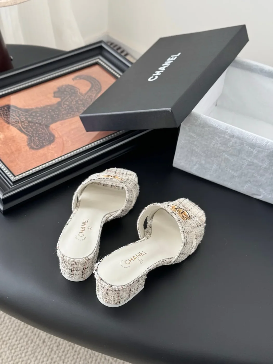 Chanel Women Cream Tweed Slides product view 5