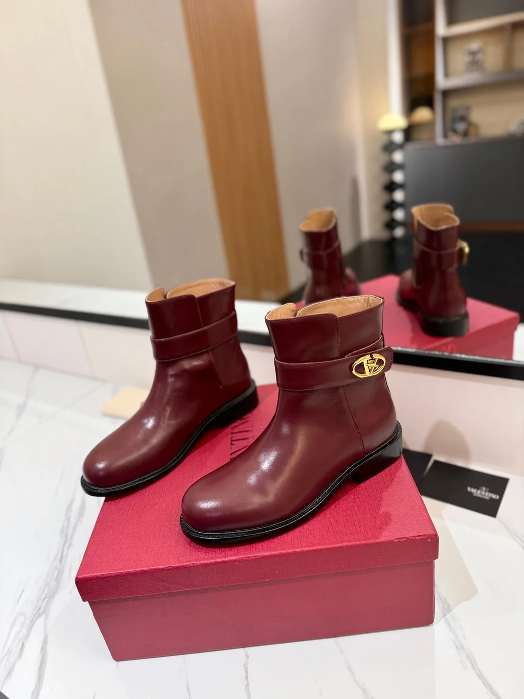 Valentino Women Burgundy Leather Ankle Boots product view 3