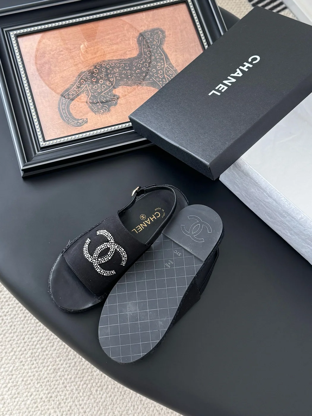 Chanel Women Black Fabric Logo Embellished Sandals product view 5