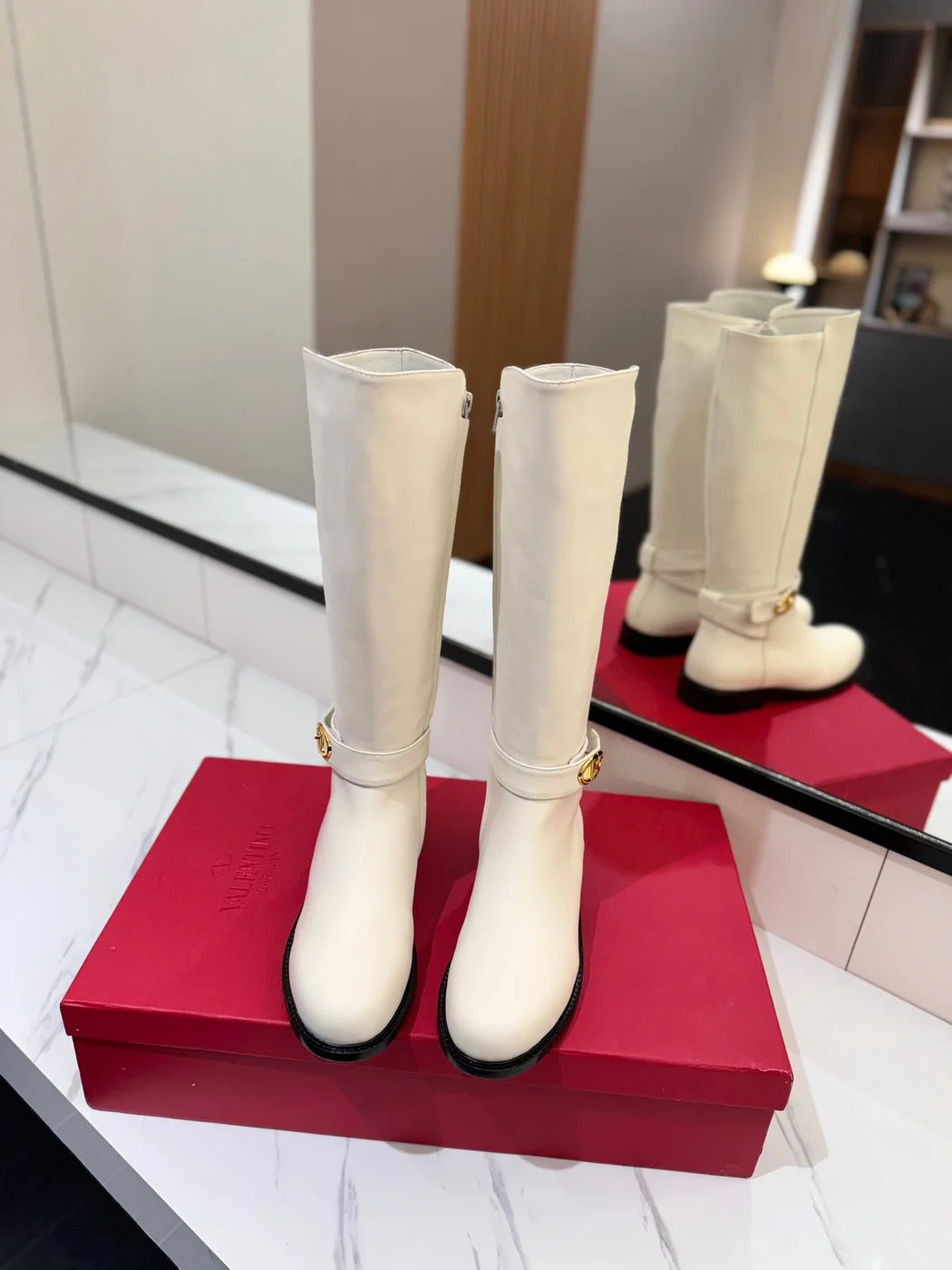 Valentino Women White Leather Knee High Boots — Ankle-Strap Detail product view 4