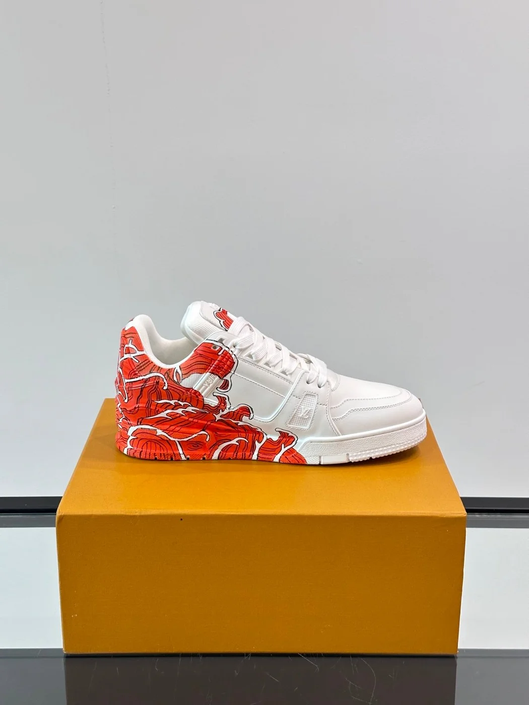 Louis Vuitton Men White Leather Sneakers With Red Floral Design product view 6