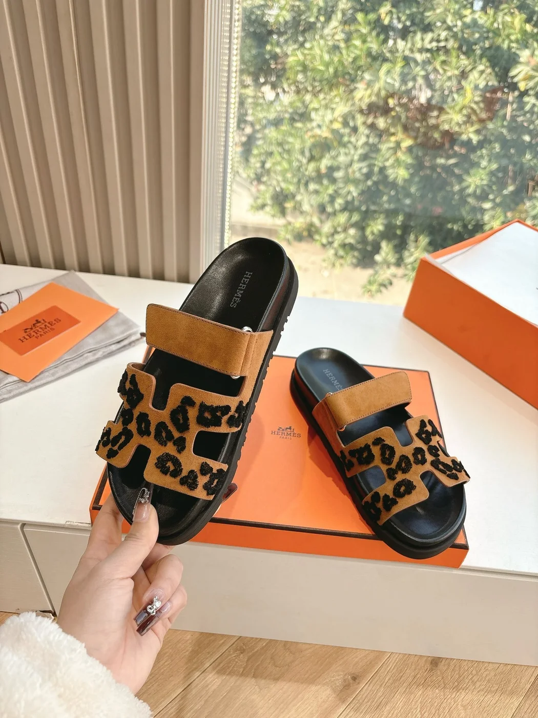 Hermès Women Tan Suede Leopard Print Slippers product view 6