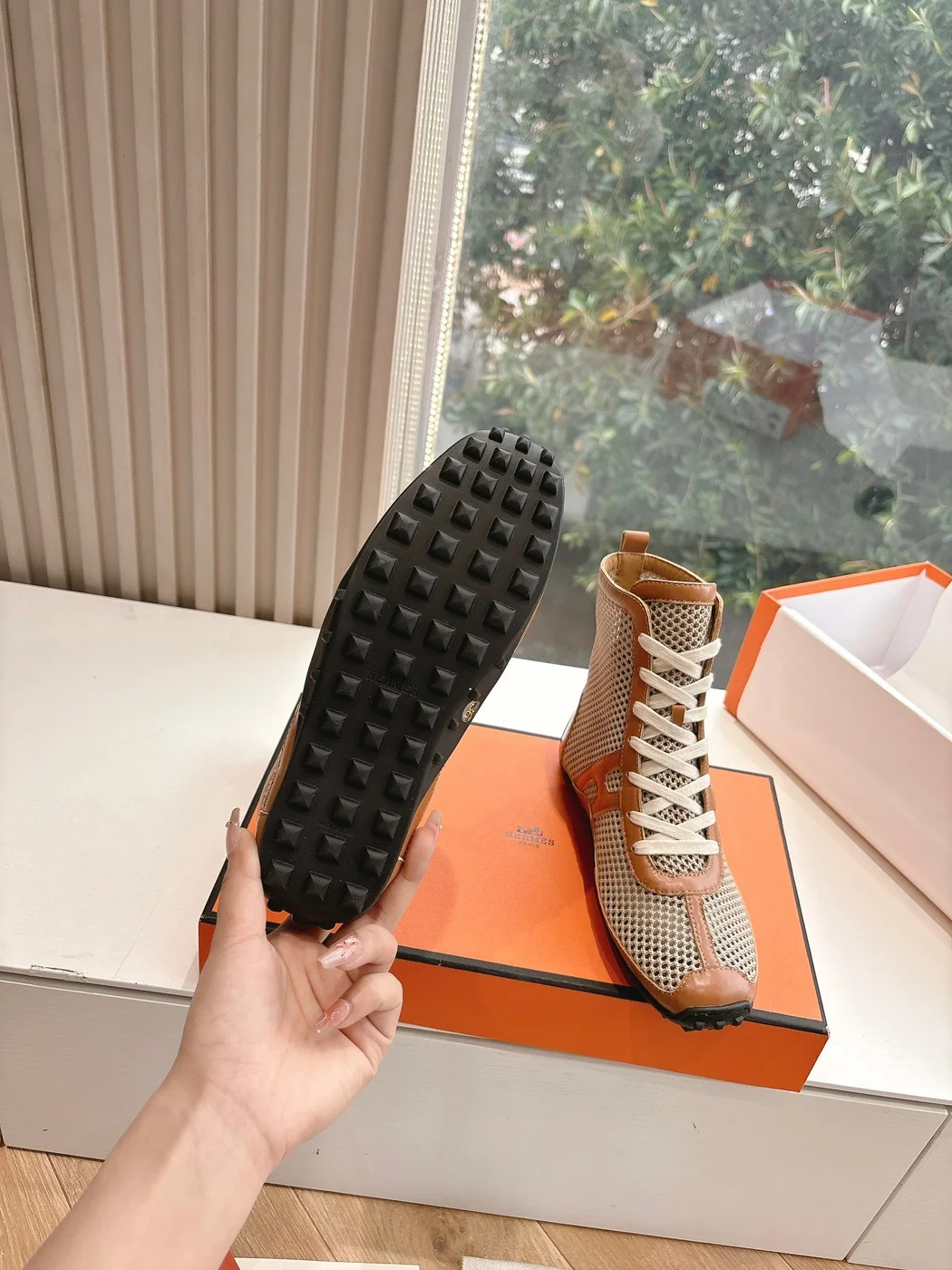 Hermès Women Beige Mesh And Brown Leather Sneakers product view 2