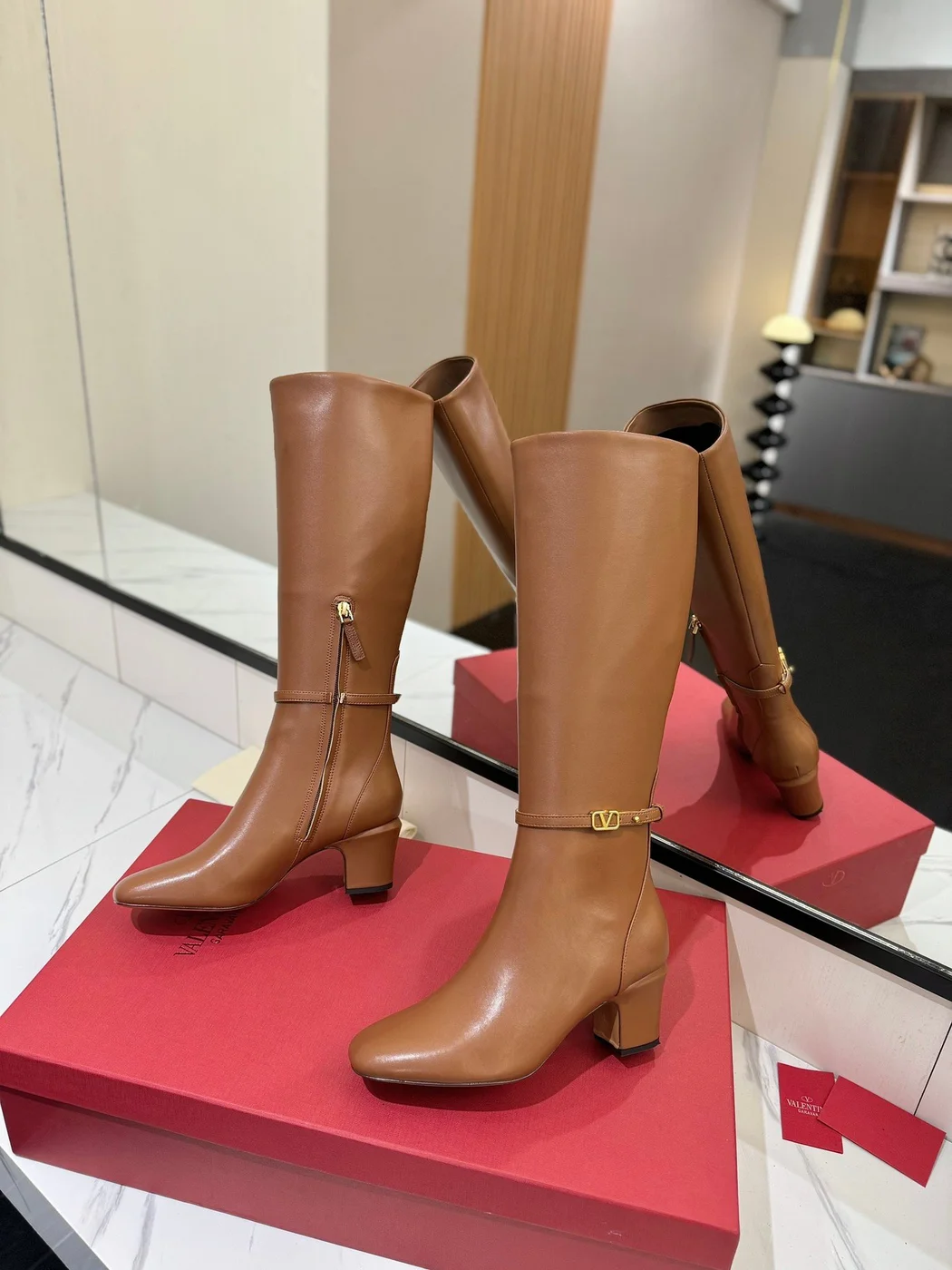 Valentino Women Tan Leather Mid-Calf Boots product view 6